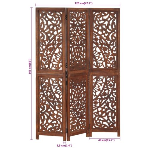 Hand carved 3-Panel Room Divider Brown 120x165cm Solid Mango Wood - Image 7
