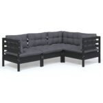 4-Piece Garden Lounge Set with Cushions Black Pine Wood Outdoor Patio Furniture