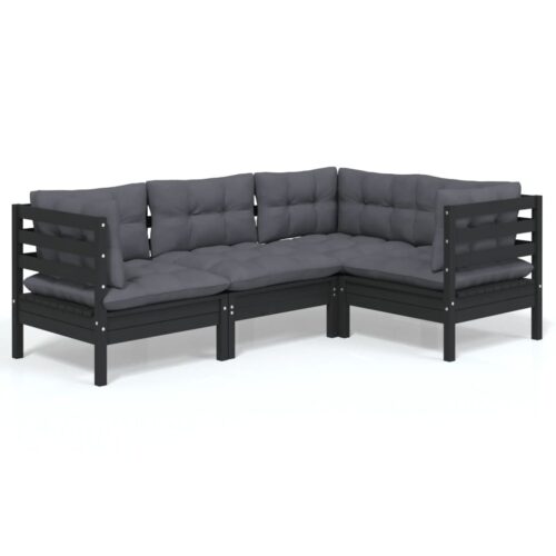 4-Piece Garden Lounge Set with Cushions Black Pine Wood Outdoor Patio Furniture