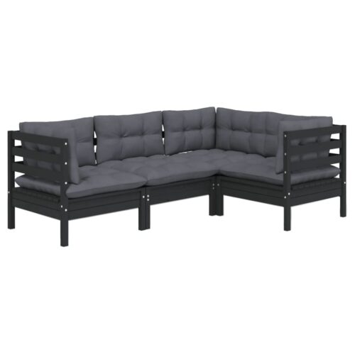4-Piece Garden Lounge Set with Cushions Black Pine Wood Outdoor Patio Furniture - Image 6