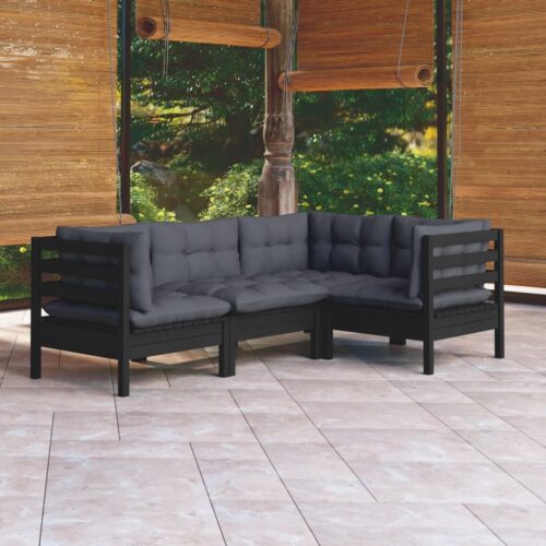 4-Piece Garden Lounge Set with Cushions Black Pine Wood Outdoor Patio Furniture - Image 7