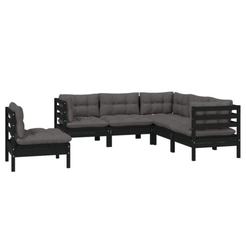 5-Piece Garden Lounge Set with Cushions Black Pine Wood Outdoor Patio Furniture - Image 6