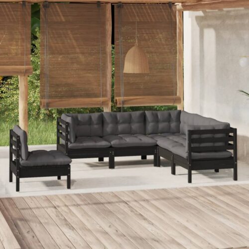 5-Piece Garden Lounge Set with Cushions Black Pine Wood Outdoor Patio Furniture - Image 7