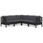 5-Piece Garden Lounge Set with Cushions Black Pine Wood Outdoor Patio Furniture