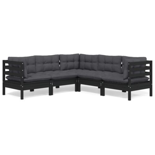 5-Piece Garden Lounge Set with Cushions Black Pine Wood Outdoor Patio Furniture