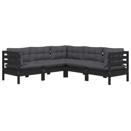 5-Piece Garden Lounge Set with Cushions Black Pine Wood Outdoor Patio Furniture - Image 6