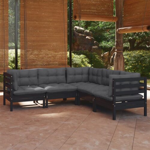 5-Piece Garden Lounge Set with Cushions Black Pine Wood Outdoor Patio Furniture - Image 7