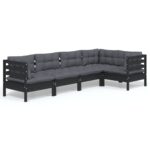5-Piece Garden Lounge Set with Cushions Black Pine Wood Outdoor Patio Furniture
