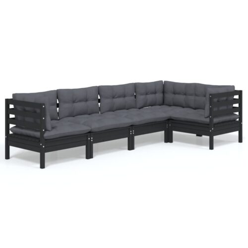 5-Piece Garden Lounge Set with Cushions Black Pine Wood Outdoor Patio Furniture