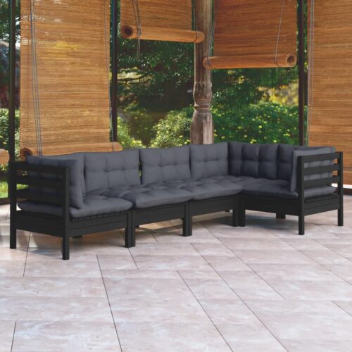 5-Piece Garden Lounge Set with Cushions Black Pine Wood Outdoor Patio Furniture - Image 7