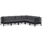 6-Piece Garden Lounge Set with Cushions Black Pine Wood Outdoor Patio Furniture