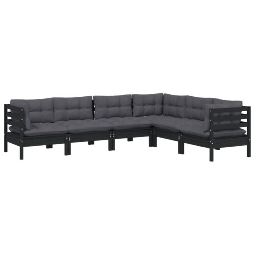 6-Piece Garden Lounge Set with Cushions Black Pine Wood Outdoor Patio Furniture - Image 6