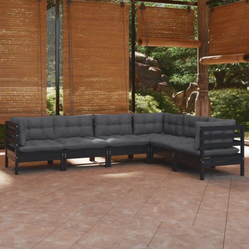 6-Piece Garden Lounge Set with Cushions Black Pine Wood Outdoor Patio Furniture - Image 7