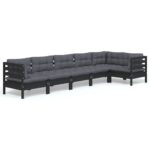 6-Piece Garden Lounge Set with Cushions Black Pine Wood Outdoor Patio Furniture