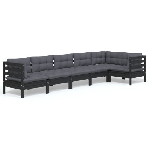 6-Piece Garden Lounge Set with Cushions Black Pine Wood Outdoor Patio Furniture