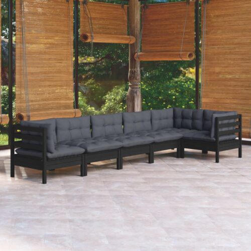 6-Piece Garden Lounge Set with Cushions Black Pine Wood Outdoor Patio Furniture - Image 7