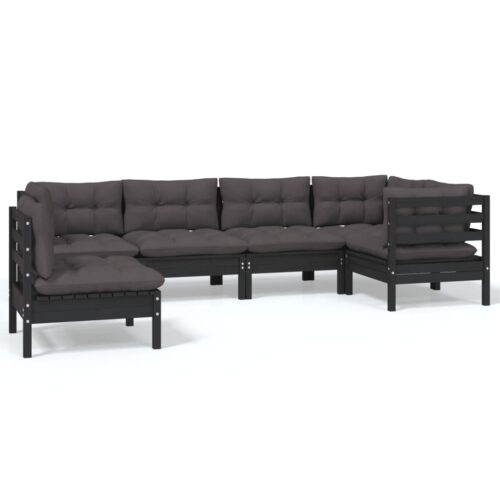 6-Piece Garden Lounge Set with Cushions Black Pine Wood Outdoor Patio Furniture