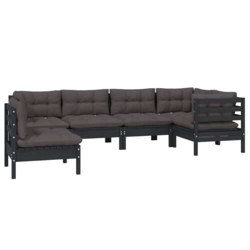 6-Piece Garden Lounge Set with Cushions Black Pine Wood Outdoor Patio Furniture - Image 6