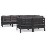 7-Piece Garden Lounge Set with Cushions Black Pine Wood Outdoor Patio Furniture