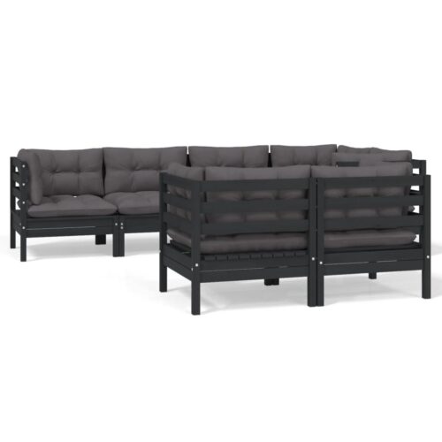 7-Piece Garden Lounge Set with Cushions Black Pine Wood Outdoor Patio Furniture