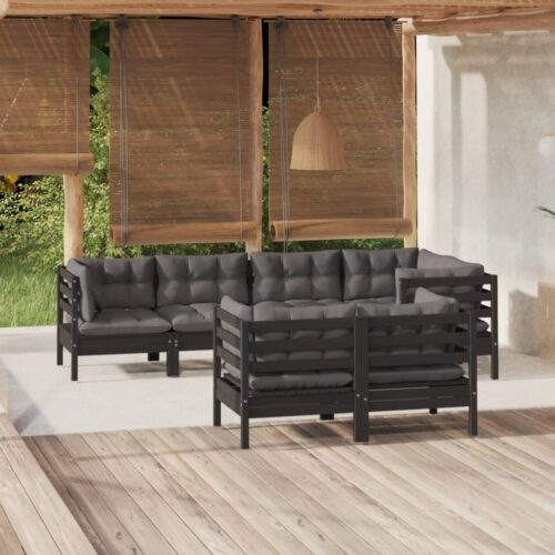 7-Piece Garden Lounge Set with Cushions Black Pine Wood Outdoor Patio Furniture - Image 6