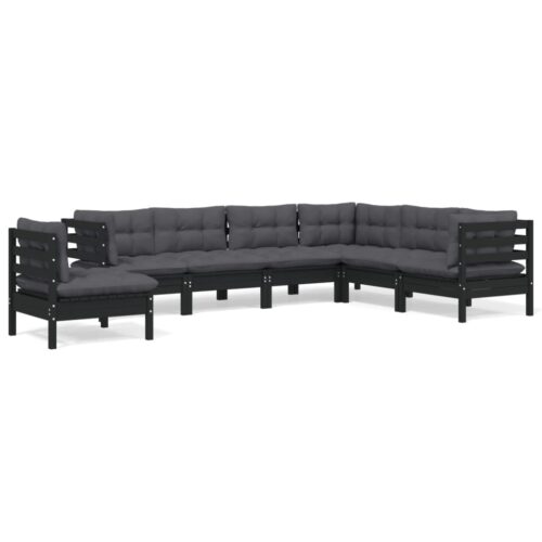 7-Piece Garden Lounge Set with Cushions Black Pine Wood Outdoor Patio Furniture