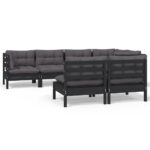 7-Piece Garden Lounge Set with Cushions Black Pine Wood Outdoor Patio Furniture