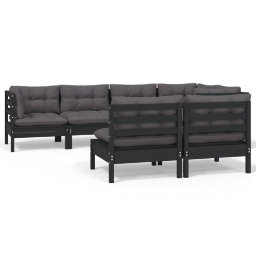 7-Piece Garden Lounge Set with Cushions Black Pine Wood Outdoor Patio Furniture