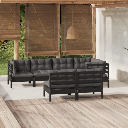 7-Piece Garden Lounge Set with Cushions Black Pine Wood Outdoor Patio Furniture - Image 7