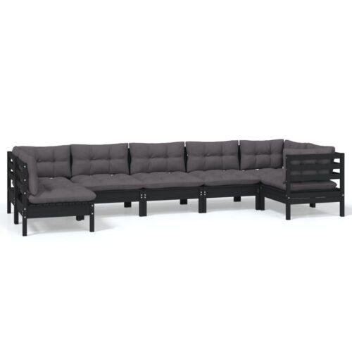 7-Piece Garden Lounge Set with Cushions Black Pine Wood Outdoor Patio Furniture