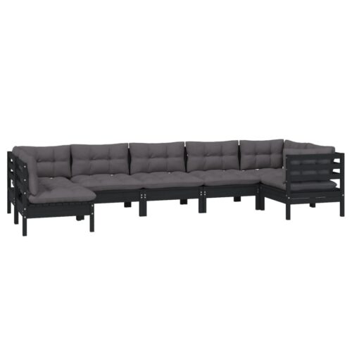 7-Piece Garden Lounge Set with Cushions Black Pine Wood Outdoor Patio Furniture - Image 2