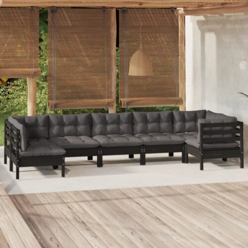 7-Piece Garden Lounge Set with Cushions Black Pine Wood Outdoor Patio Furniture - Image 7