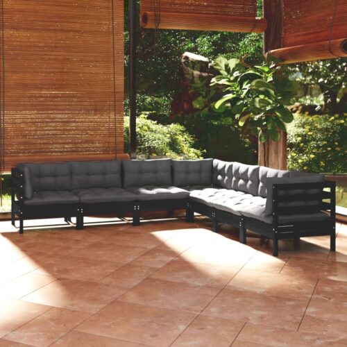 7-Piece Garden Lounge Set with Cushions Black Pine Wood Outdoor Patio Furniture - Image 3
