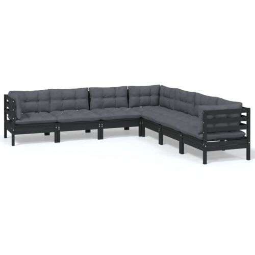 7-Piece Garden Lounge Set with Cushions Black Pine Wood Outdoor Patio Furniture