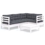 5-Piece Garden Lounge Set with Cushions White Pine Wood Outdoor Patio Furniture