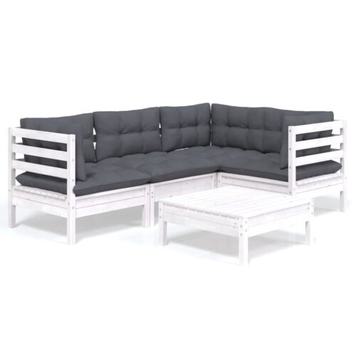5-Piece Garden Lounge Set with Cushions White Pine Wood Outdoor Patio Furniture