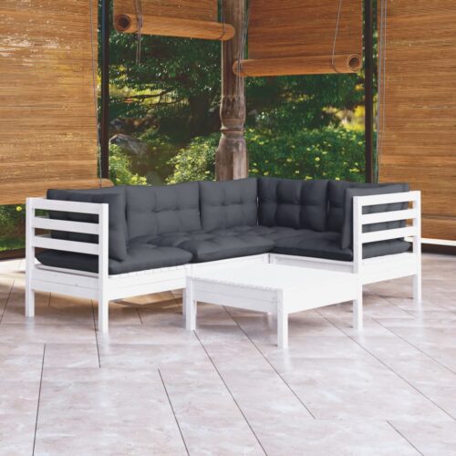 5-Piece Garden Lounge Set with Cushions White Pine Wood Outdoor Patio Furniture - Image 9