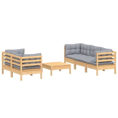 6-Piece Garden Lounge Set with Grey Cushions Pine Wood Outdoor Patio Furniture - Image 2