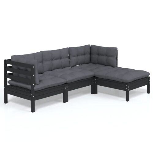 4-Piece Garden Lounge Set with Cushions Black Pine Wood Outdoor Patio Furniture