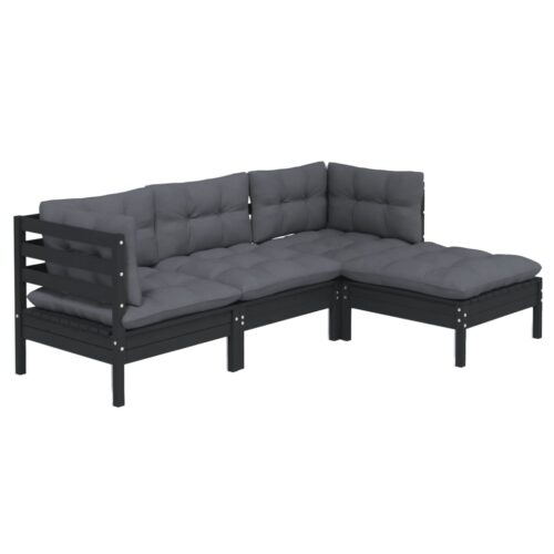4-Piece Garden Lounge Set with Cushions Black Pine Wood Outdoor Patio Furniture - Image 2