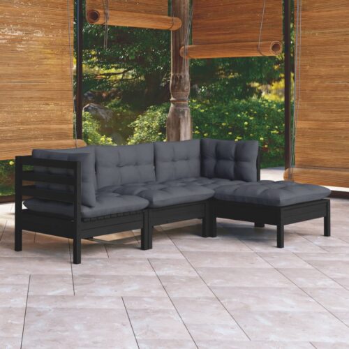 4-Piece Garden Lounge Set with Cushions Black Pine Wood Outdoor Patio Furniture - Image 9