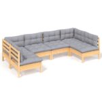 6-Piece Garden Lounge Set with Grey Cushions Pine Wood Outdoor Patio Furniture