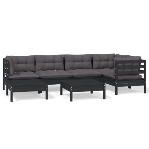 7-Piece Garden Lounge Set with Cushions Black Pine Wood Outdoor Patio Furniture