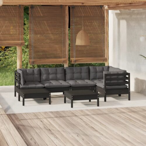 7-Piece Garden Lounge Set with Cushions Black Pine Wood Outdoor Patio Furniture - Image 8