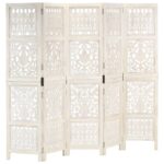 Hand carved 5-Panel Room Divider White 200x165cm Solid Mango Wood