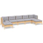 7-Piece Garden Lounge Set with Grey Cushions Pine Wood Outdoor Patio Furniture