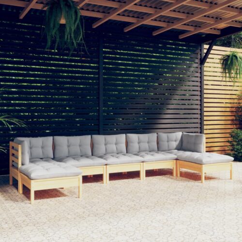 7-Piece Garden Lounge Set with Grey Cushions Pine Wood Outdoor Patio Furniture - Image 9