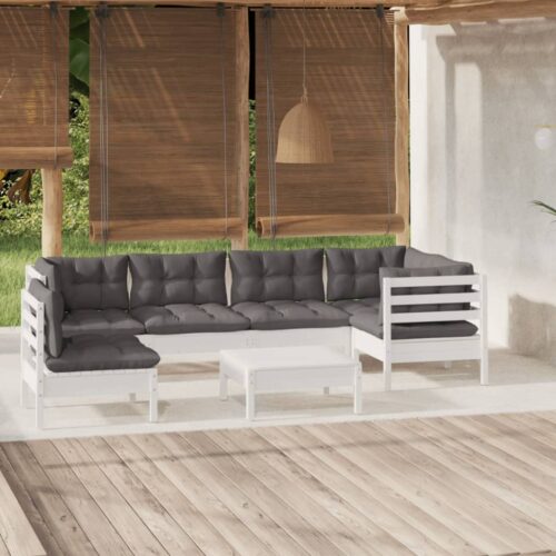 7-Piece Garden Lounge Set with Cushions White Pine Wood Outdoor Patio Furniture - Image 9