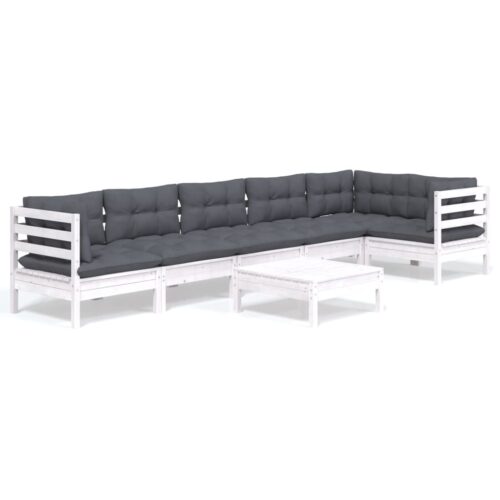 7-Piece Garden Lounge Set with Cushions White Pine Wood Outdoor Patio Furniture