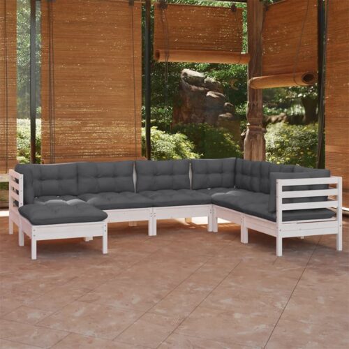 7-Piece Garden Lounge Set with Cushions White Pine Wood Outdoor Patio Furniture - Image 9